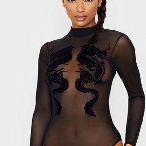 Black dragon printed mesh bodysuit